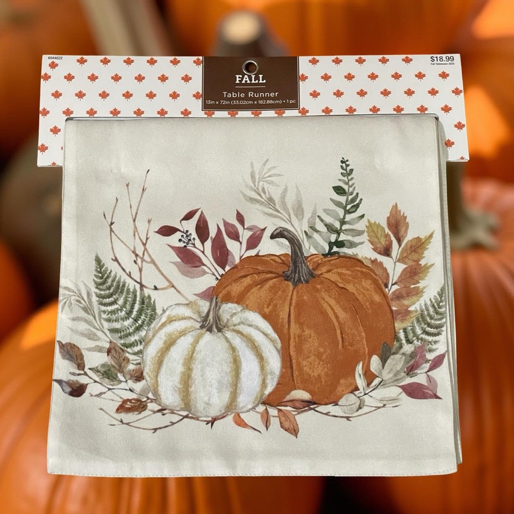Hobby Lobby Fall Autumn Pumpkins Ferns Table Runner ivory orange green brown tan